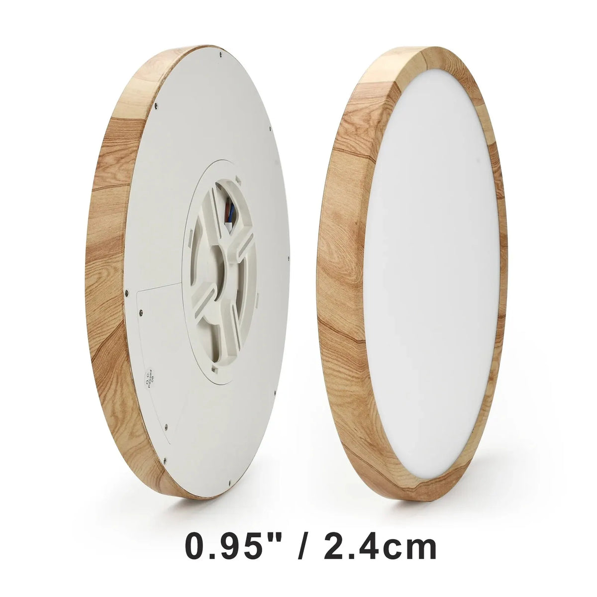 Plafonnier LED bois et blanc Nesty - Comparaison face avant et arrière avec épaisseur 2,4 cm indiquée