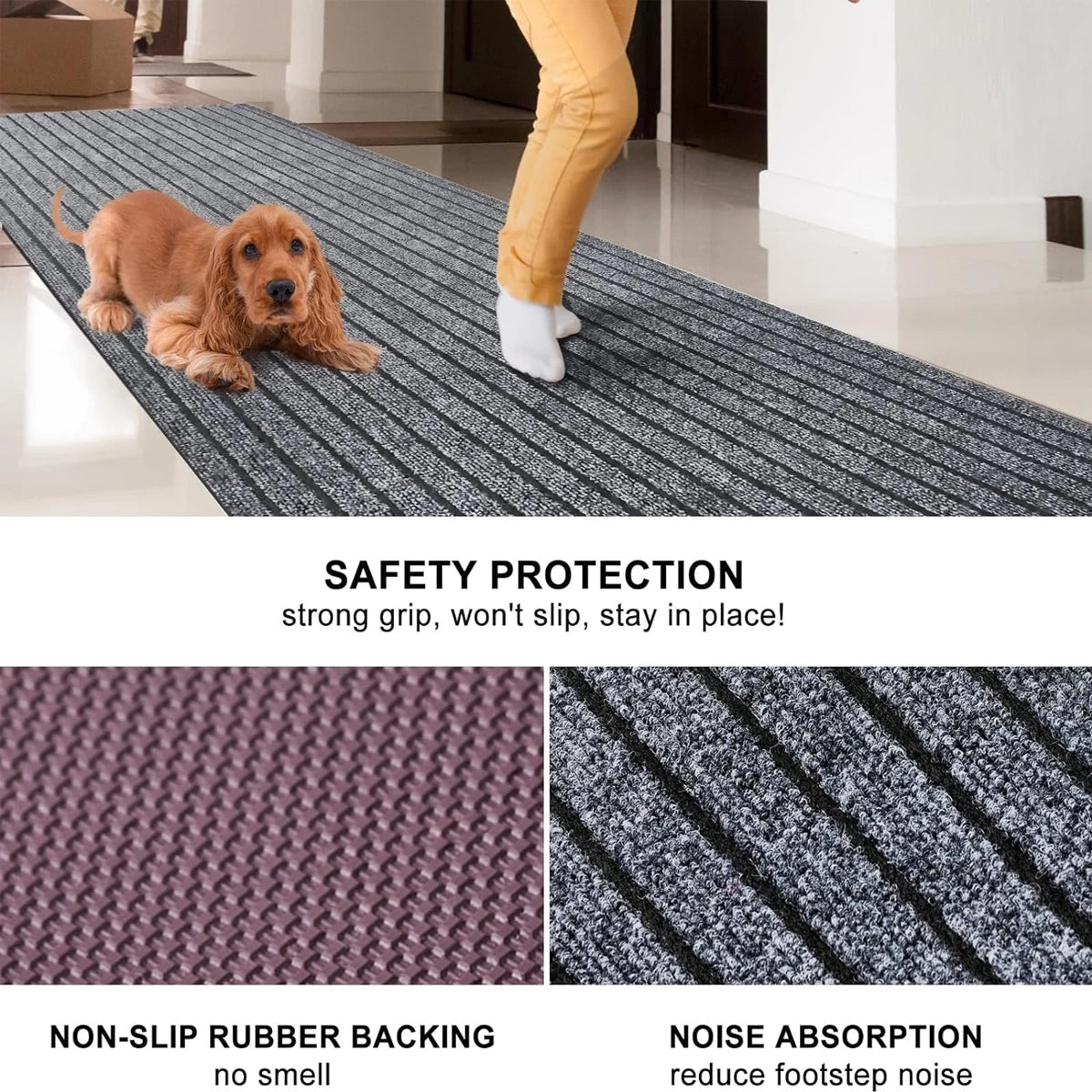 Tapis long à rayures — cuisine et entrée - Nesty, collage : chiot posé sur le tapis à rayures dans une entrée, mention adhérence antidérapante, gros plan sur l'envers