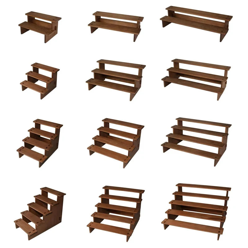Présentoir à bijoux en bois à plusieurs niveaux Nesty, grille de variantes en escalier de 1 à 5 niveaux, vues sous différents angles