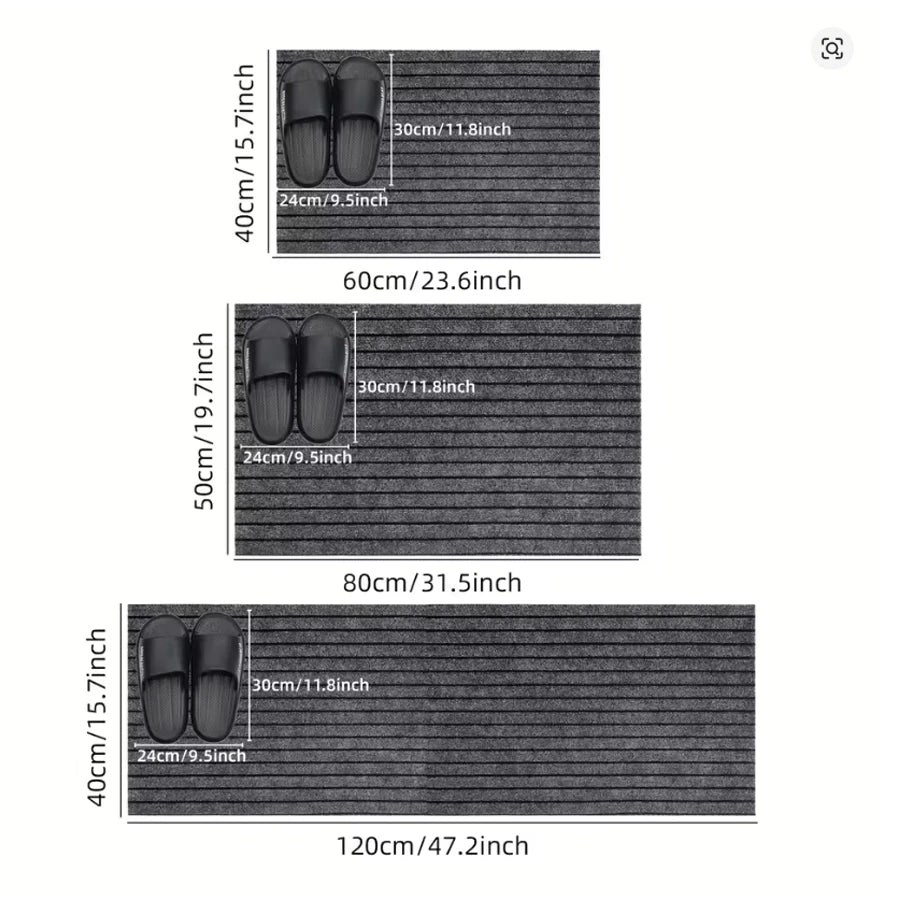 Tapis long à rayures grises — entrée et cuisine - Nesty, schéma des 3 tailles disponibles avec des chaussons pour l'échelle : 40x60, 50x80 et 40x120 cm