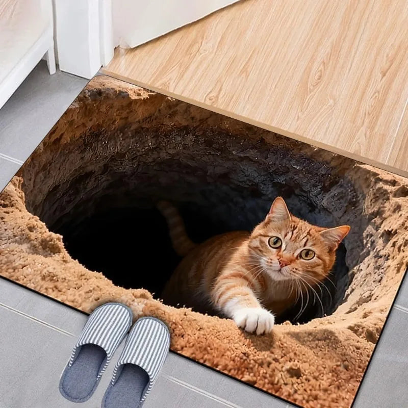 Tapis illusion optique chat 3D Nesty - Motif chat dans un trou de sable