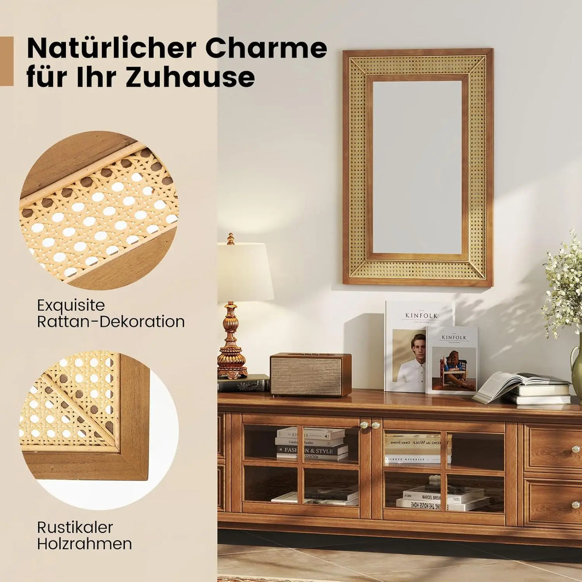 Miroir mural en rotin 90 x 60 cm — cadre en bois naturel (vue 5) - Nesty