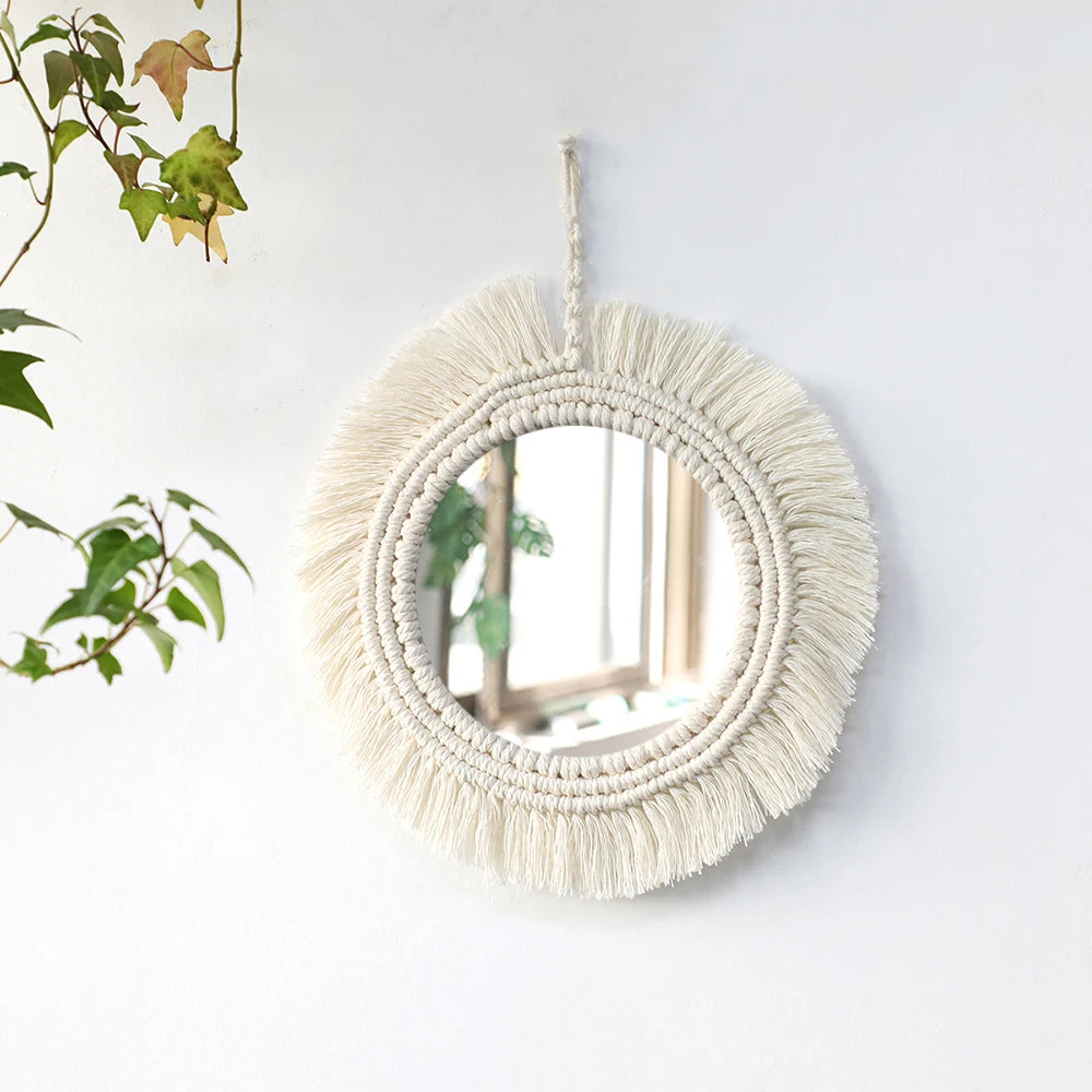 Miroir mural rond macramé blanc, 25 cm, décoration bohème (vue 11) - Nesty