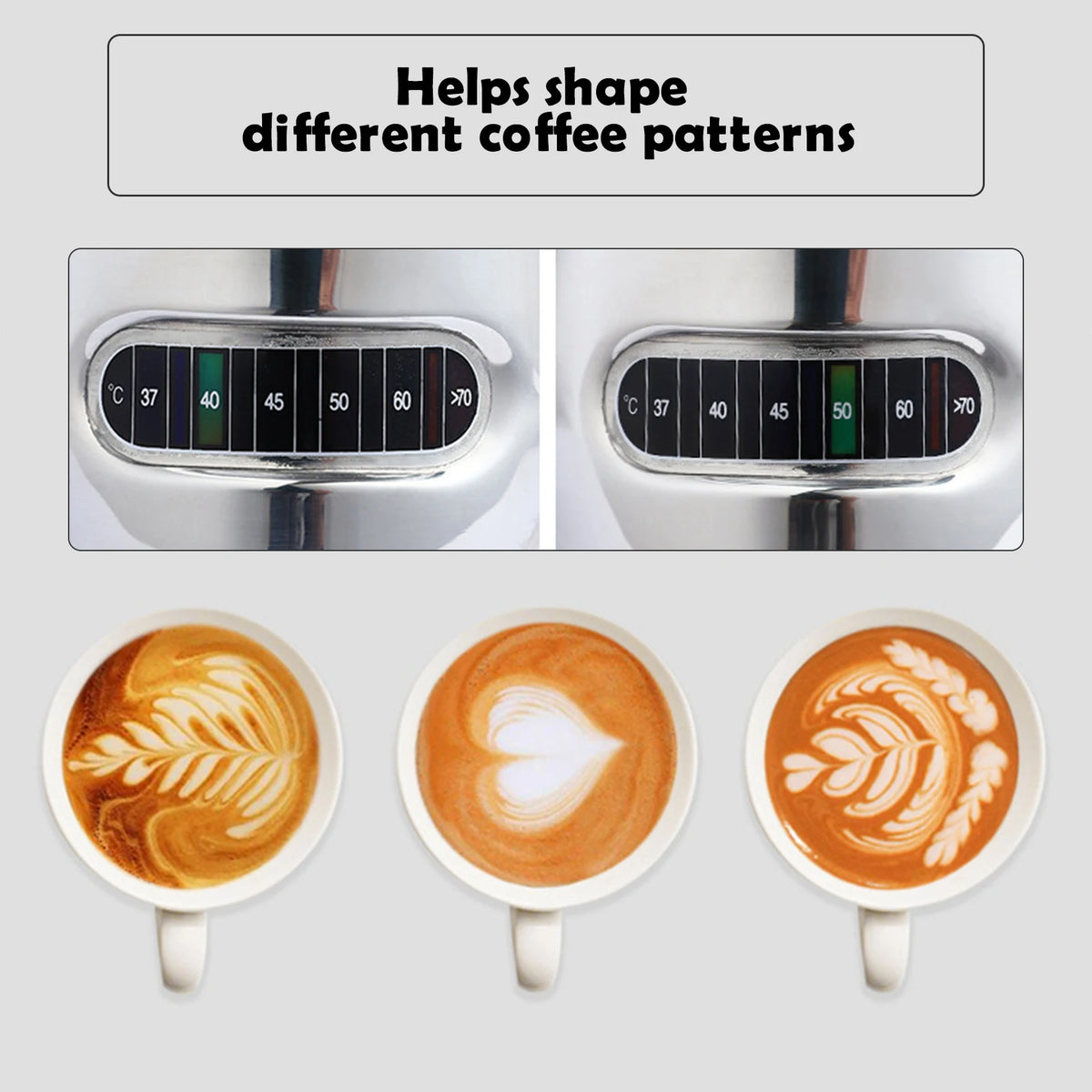 Pichet à lait en inox avec thermomètre intégré Nesty, gros plan sur le bandeau thermomètre en surbrillance, avec trois tasses illustrant différents motifs de latte art