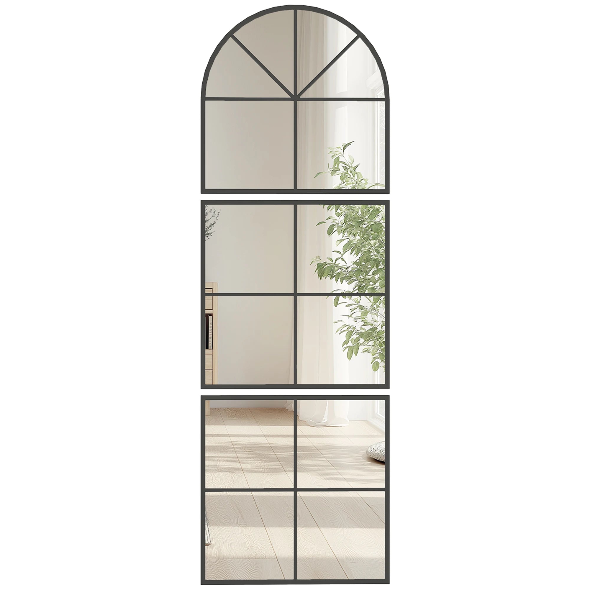 Miroir cintré segmenté Nesty - Cadre métal noir, grand miroir cintré segmenté en trois panneaux, cadre métal noir, sur fond blanc