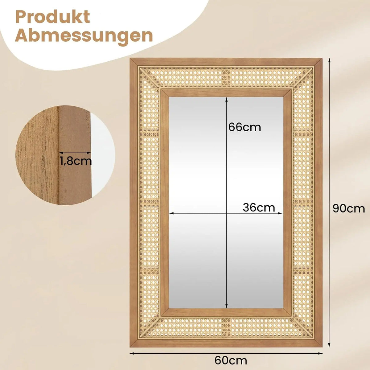Miroir mural en rotin 90 x 60 cm — cadre en bois naturel (vue 6) - Nesty