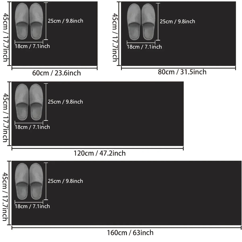 Tapis de cuisine long imitation tissée — antidérapant - Nesty, schéma des tailles disponibles de 60x45 à 160x45 cm