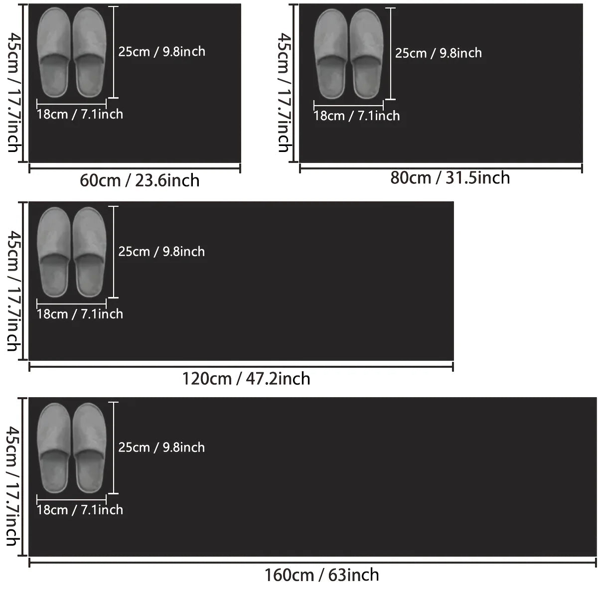 Tapis de cuisine long imitation tissée — antidérapant - Nesty, schéma des tailles disponibles de 60x45 à 160x45 cm