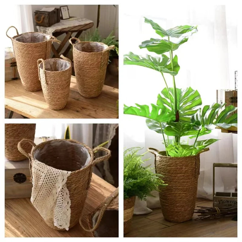 Pot de fleurs tressé en jute avec anses, cache-pot décoratif - Nesty (vue 2)