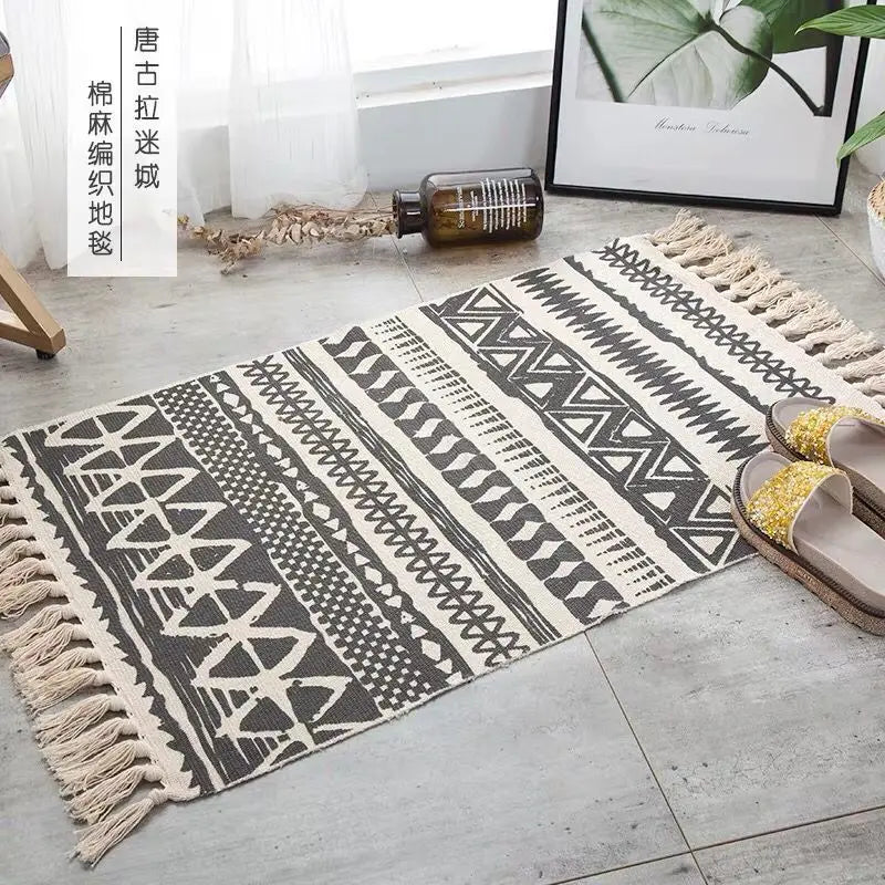 Tapis tissé main en coton et lin — franges bohème - Nesty (vue 7)