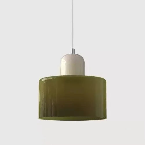 Suspension luminaire pour chevet et salle à manger, abat-jour cylindrique vert olive brillant et culot beige, câble blanc (vue 21) - Nesty