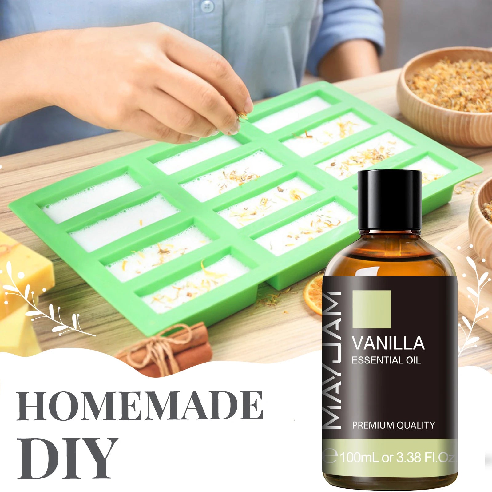 Huile essentielle avec compte-gouttes Nesty - Flacon Vanille MAYJAM avec moule à savon DIY et fleurs séchées