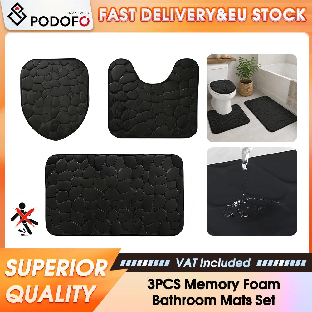 Set de 3 tapis de bain en mousse mémoire — motif pierre, contour WC inclus - Nesty (vue 1)