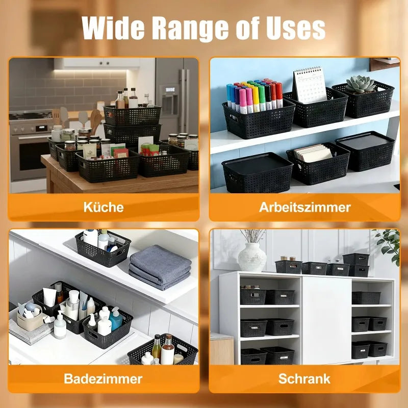 Lot de 6 paniers de rangement tressés empilables avec couvercle Nesty, quatre usages illustrés en allemand : cuisine, bureau, salle de bain, armoire