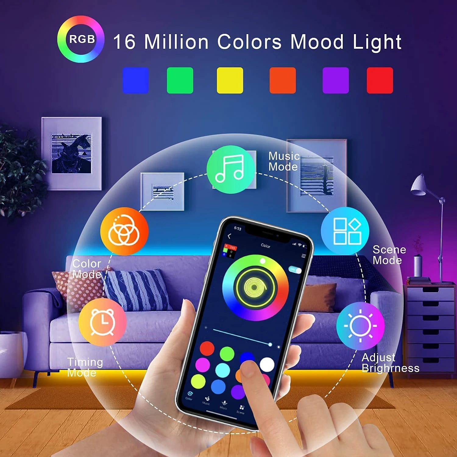 Ruban LED USB flexible Nesty - Infographie 16 millions de couleurs avec modes musique, scène et minuterie