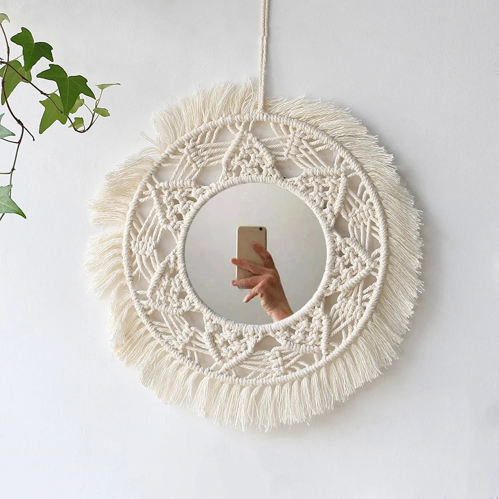 Miroir rond macramé, cadre tressé bohème (vue 8) - Nesty