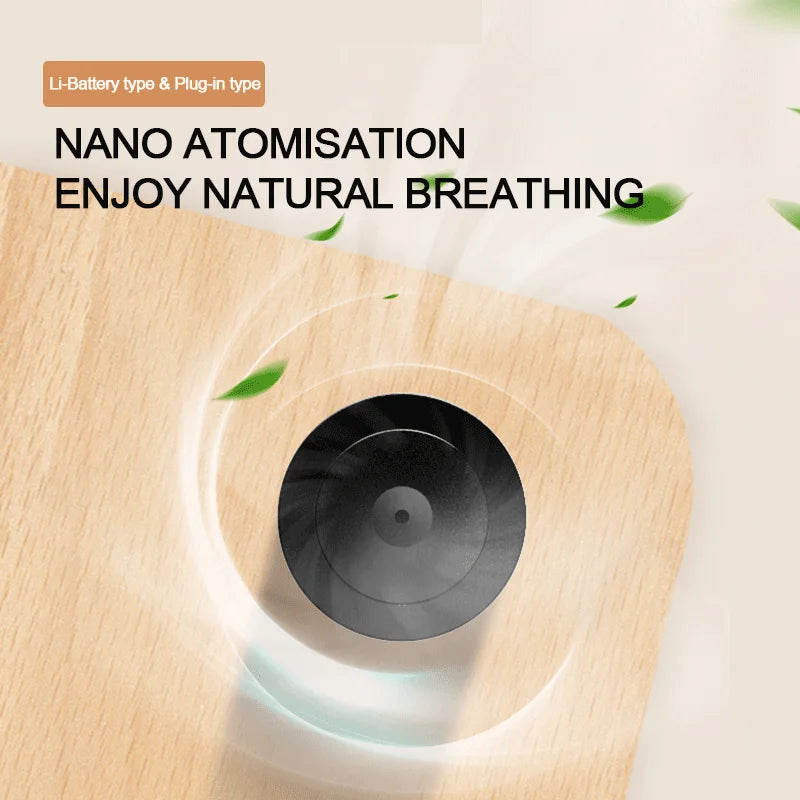 Diffuseur d'arôme en métal Nesty - Gros plan sur la buse de nano-atomisation encastrée dans le bois