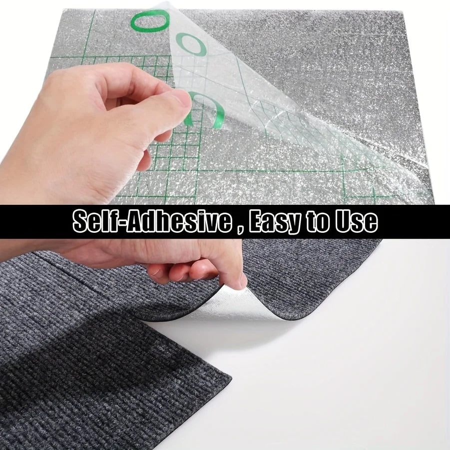 Dalles de moquette autocollantes 30x30 cm - Nesty, détail de la face autocollante et de l'envers texturé