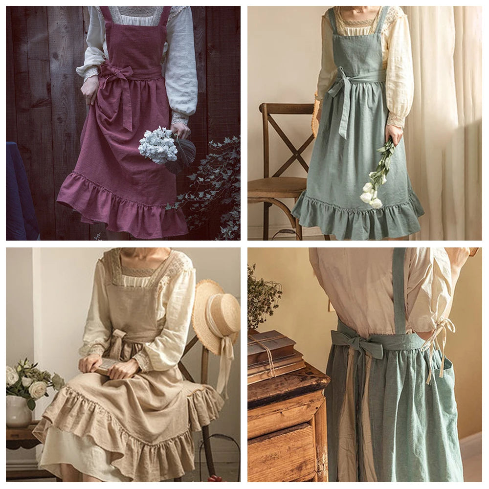 Collage du tablier en coton et lin en quatre coloris (prune, vert sauge, beige), style pastoral français à volant - Nesty