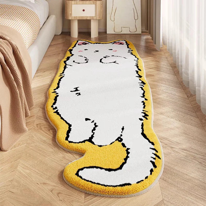 Tapis de chevet long illustré chat Nesty - Pour chambre d'enfant, coloris blanc et jaune moutarde