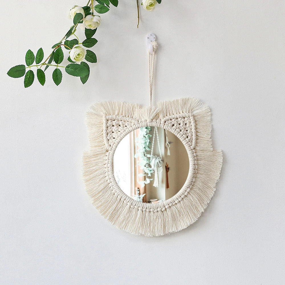 Miroir mural rond macramé blanc, 25 cm, décoration bohème (vue 8) - Nesty