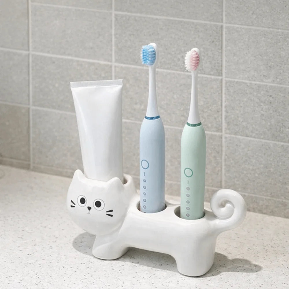 Ceramic Cartoon Cat Toothbrush Base Waterproof Cute Electric Toothbrush Holder Decorative 3 Holes Electric Toothbrush Stand - Nesty (vue 1)