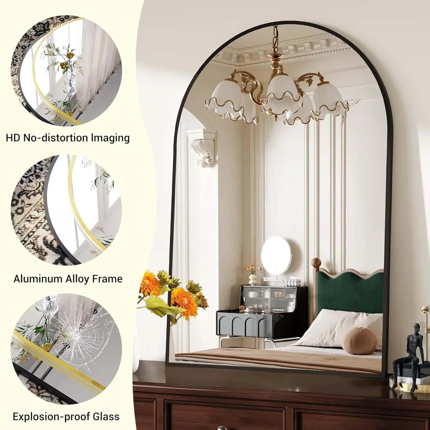 Miroir cintré cadre métal Nesty - Noir ou doré, variante cadre noir posée sur une commode foncée, reflet d'un lustre et d'une tête de lit verte