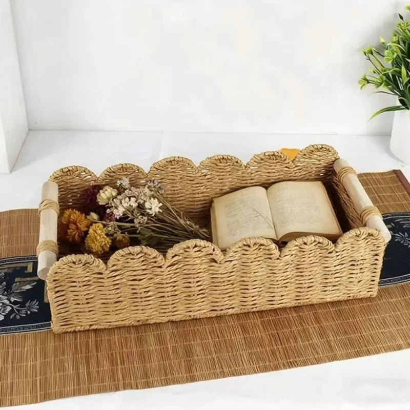 Panier de rangement en corde de papier tressée, bord festonné et poignées en bois (vue 6) - Nesty