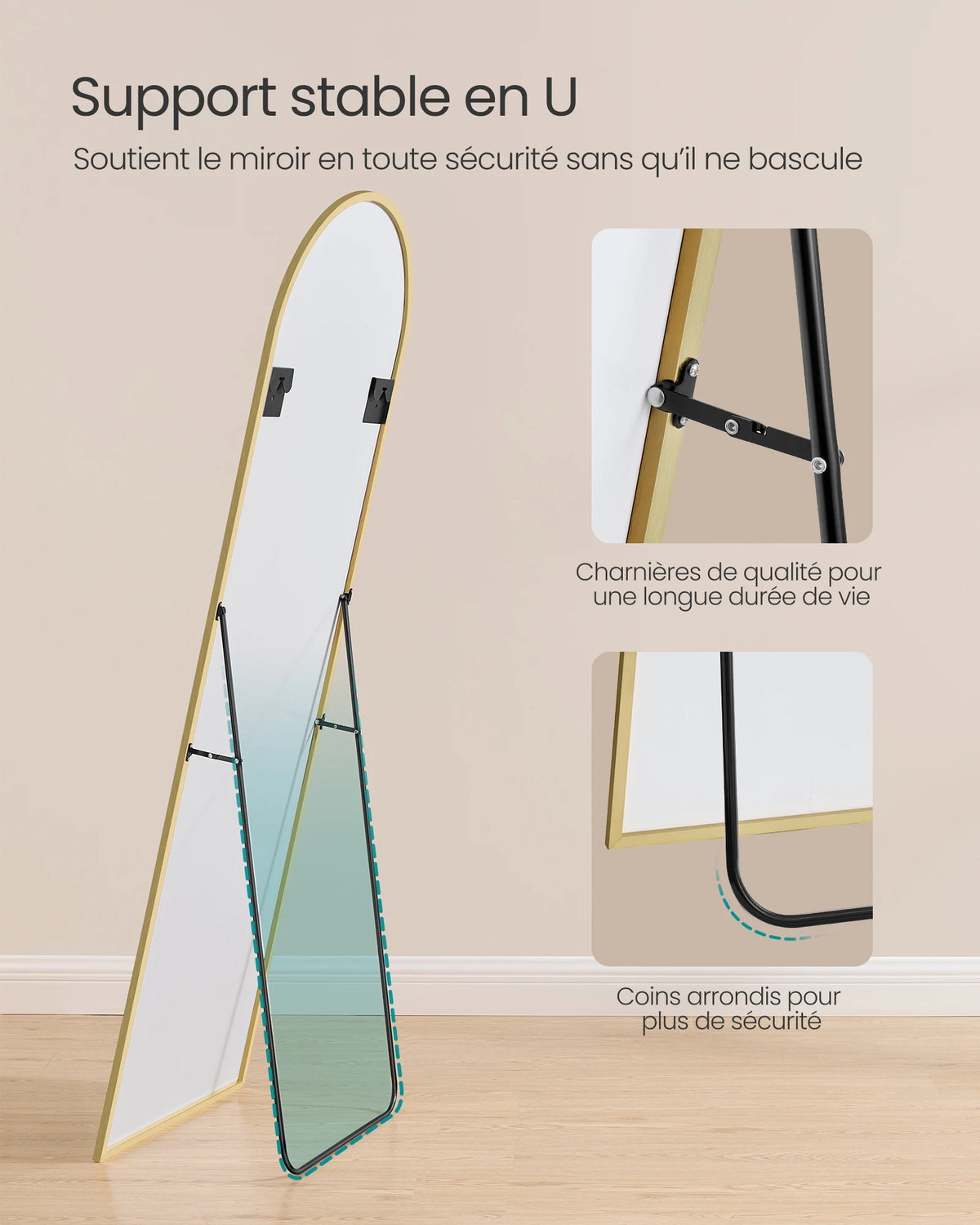 Miroir psyché cintré Nesty - Détail du support stable en U, charnières et coins arrondis (texte en français)