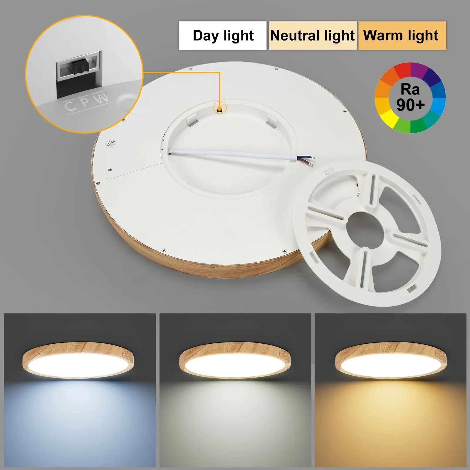Plafonnier LED bois et blanc Nesty - Vue arrière démontée montrant le câblage et les 3 températures de lumière