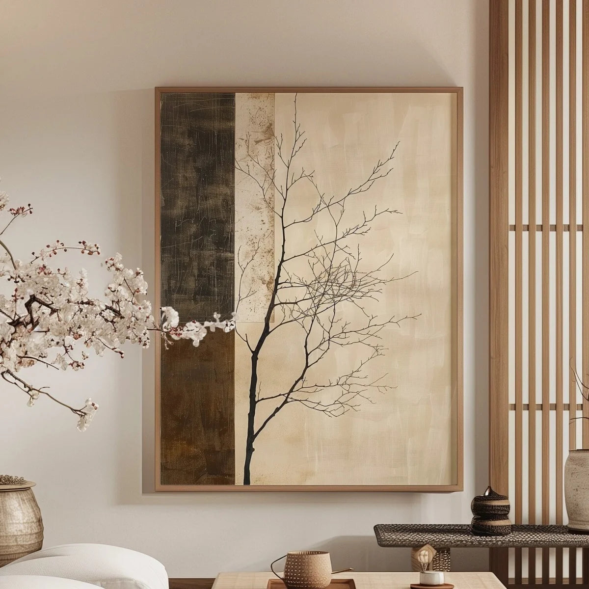 Toile imprimée arbre abstrait wabi-sabi Nesty - Affiche encadrée d'une silhouette d'arbre noir sur fond beige, accrochée près de fleurs de prunier