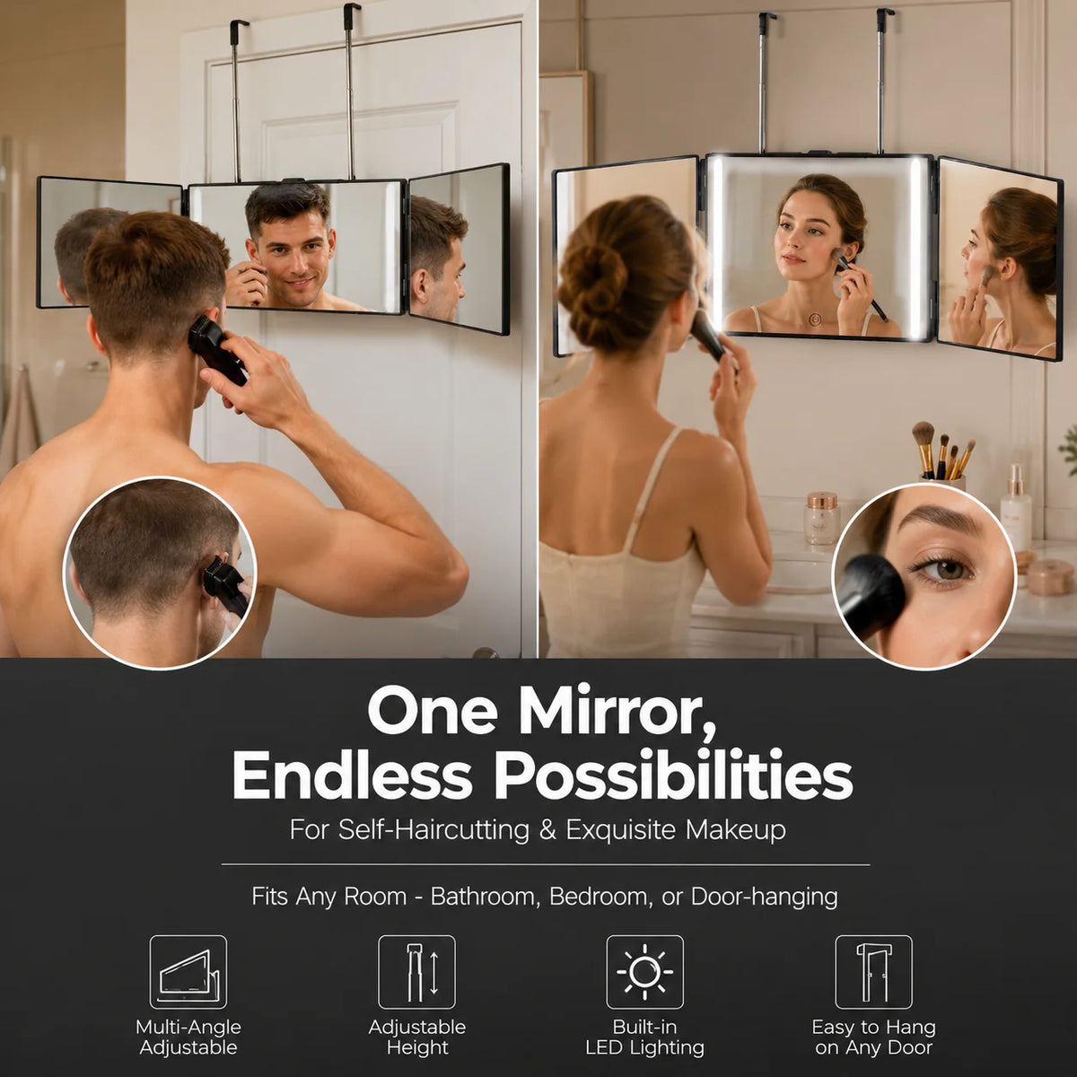 Miroir de maquillage pliable LED Nesty - Utilisé pour se couper les cheveux et se maquiller, suspendu à une porte