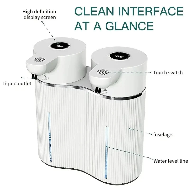 Distributeur de savon automatique sans contact, double tête Nesty, schéma annoté du distributeur double tête : écran haute définition, interrupteur tactile, sortie de liquide, corps cannelé, jauge de niveau d'eau