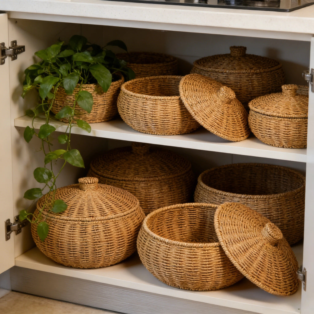 Panier rond tressé effet rotin avec couvercle, pour pain et fruits Nesty, plusieurs tailles rangées dans un placard de cuisine avec une plante