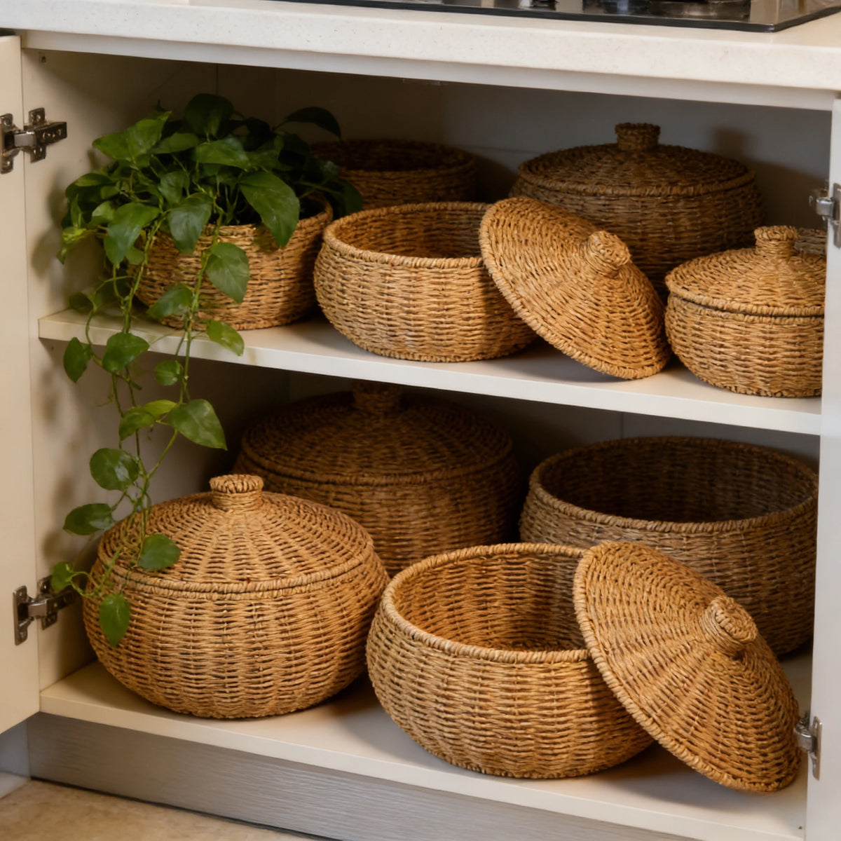 Panier rond tressé effet rotin avec couvercle, pour pain et fruits Nesty, plusieurs tailles rangées dans un placard de cuisine avec une plante