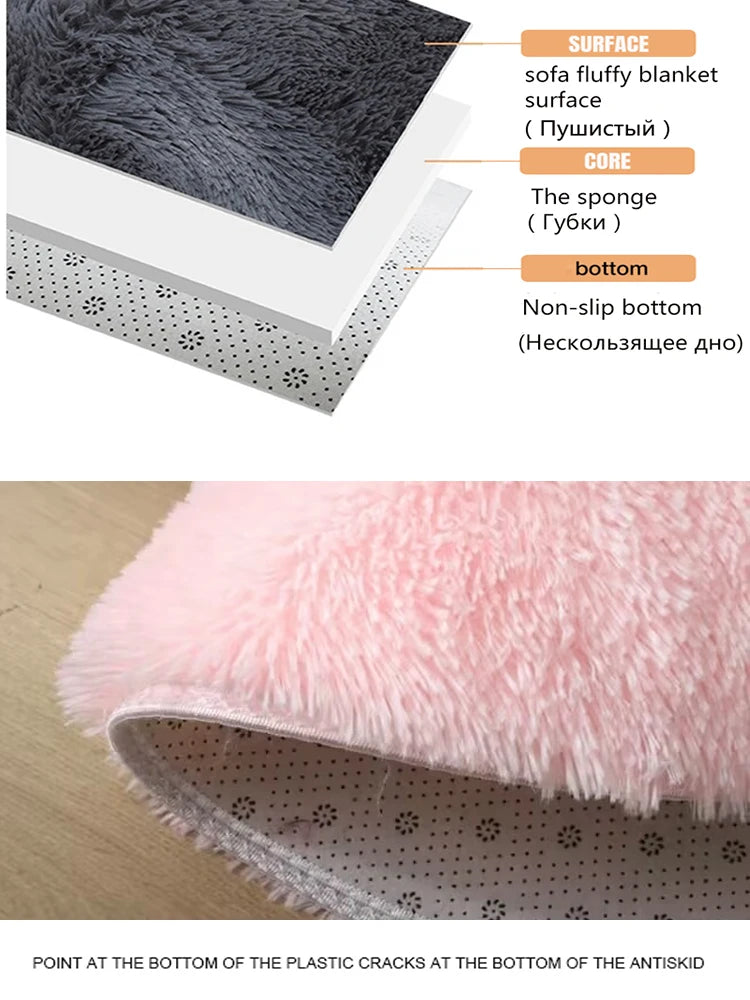 Tapis rond moelleux blanc Nesty - Pour chambre et salon, détail des couches et zoom sur un coloris rose