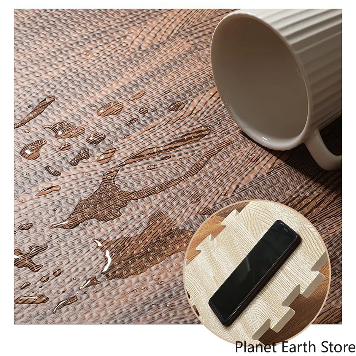 Tapis puzzle imitation bois — dalles à assembler - Nesty, gros plan sur des gouttes d'eau perlant sur la surface, démonstration d'étanchéité avec tasse et téléphone posés dessus