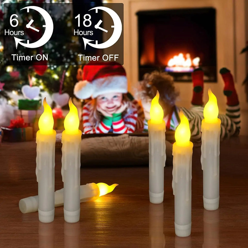 Bougies LED effilées sans flamme, lumière chaude vacillante Nesty, bougies LED fuselées plantées dans le sol, décoration de Noël avec cadeaux et bas de Noël en arrière-plan, texte "6 Hours / 18 Hours Timer"