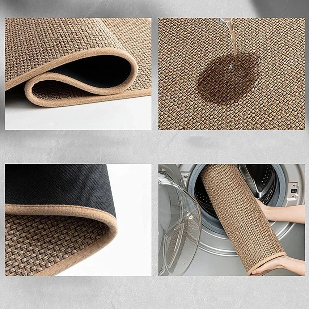 Tapis de cuisine imitation sisal — dos en caoutchouc naturel - Nesty, collage 4 vues : envers antidérapant, test de goutte d'eau sur la texture tissée, gros plan de l'envers, tapis passé en machine à laver