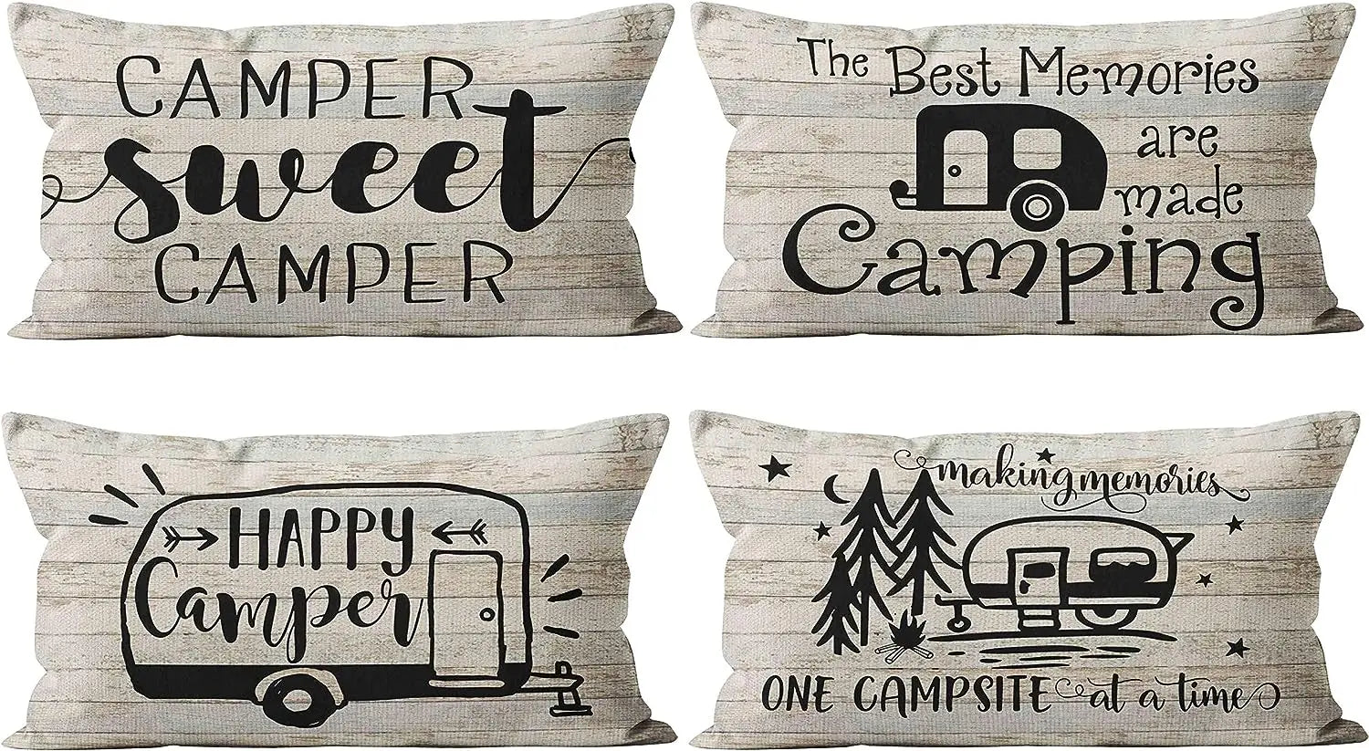 Housse de coussin en lin, esprit vintage, format lombaire Nesty, planche de quatre housses de coussin lombaires imprimées de citations et illustrations de camping-car sur fond bois ("Camper Sweet Camper", "The Best Memories are made Camping", "Happy Camper", "Making memories one campsite at a time")