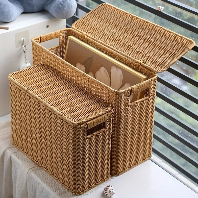 Boîte de rangement haute en rotin tressé Nesty - Deux tailles ouvertes montrant un livre rangé à l'intérieur