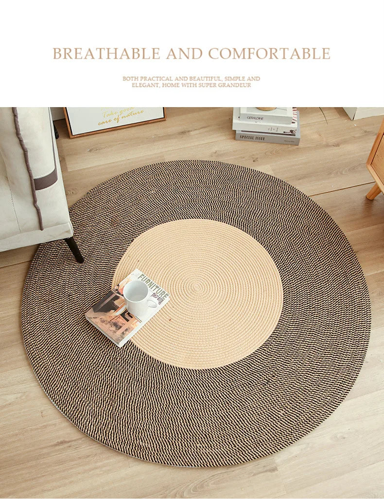 Tapis rond tressé main en jute et rotin, pompons vintage (vue 7) - Nesty