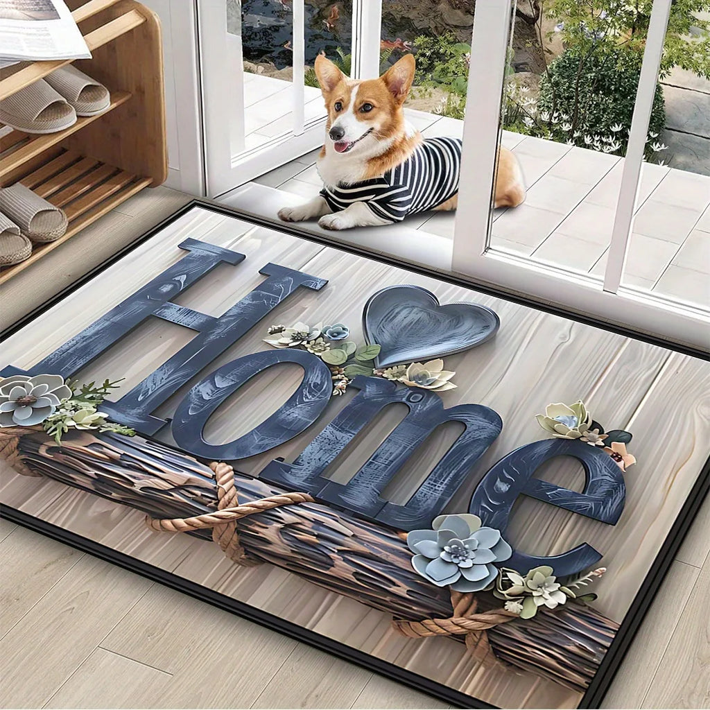 Paillasson imprimé 'Home' effet lettres bois et corde, avec cœur floral, chien corgi en veste rayée sur la terrasse - Nesty