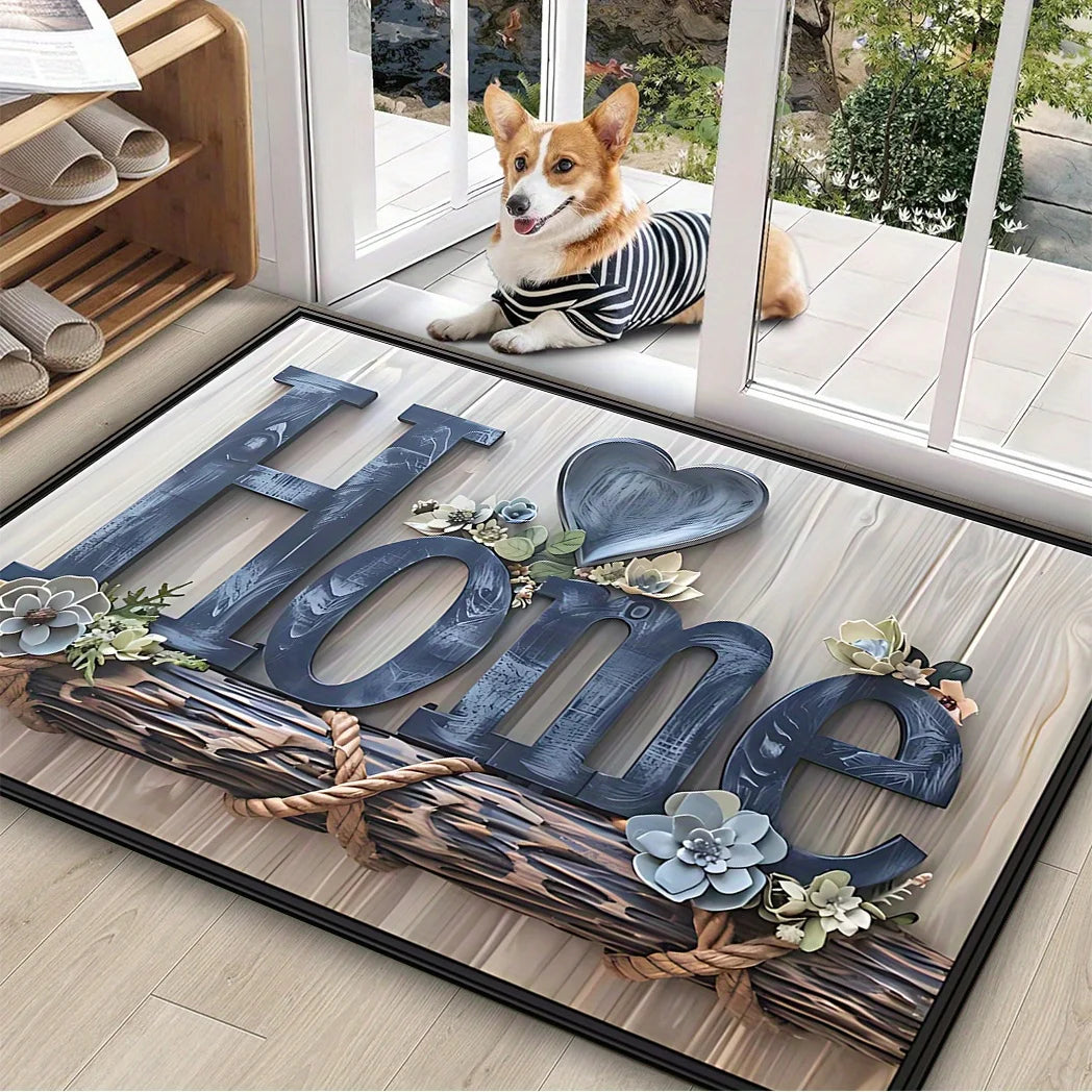 Paillasson imprimé 'Home' effet lettres bois et corde, avec cœur floral, chien corgi en veste rayée sur la terrasse - Nesty