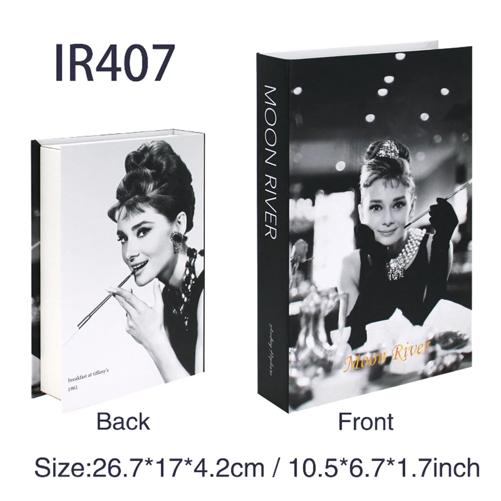 Faux livre décoratif boîte de rangement style nordique, couverture Moon River, photo noir et blanc d'Audrey Hepburn (vue 38) - Nesty