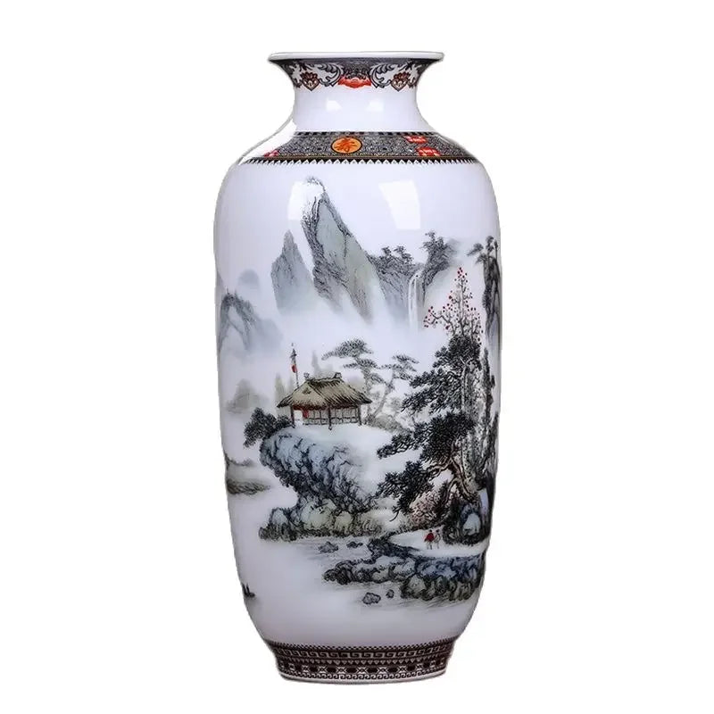 Vase en céramique de Jingdezhen, surface lisse traditionnelle Nesty, vase à motif paysage montagneux et maison traditionnelle peint à la main, fond blanc