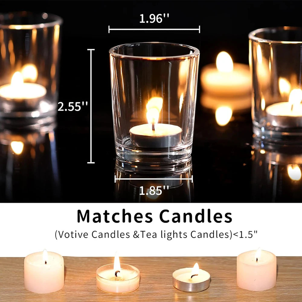 Lot de 12 photophores votifs en verre Nesty - Dimensions annotées d'un photophore (2,55 x 1,96 x 1,85 pouces), avec bougies votives et chauffe-plat, mention Matches Candles