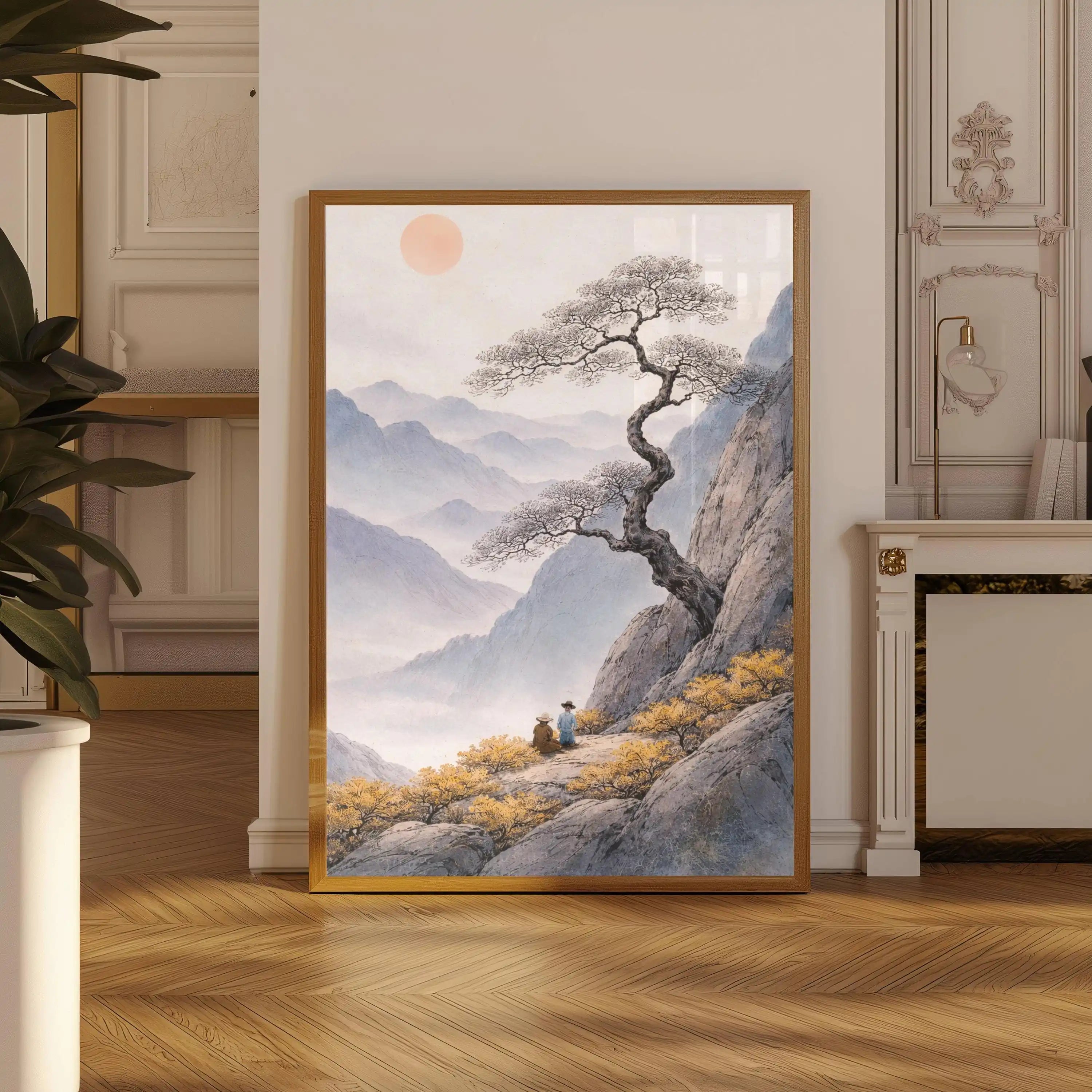 Toile imprimée cerisier en fleurs Nesty - Affiche encadrée d'un pin sur une montagne brumeuse au soleil rose, deux personnages assis
