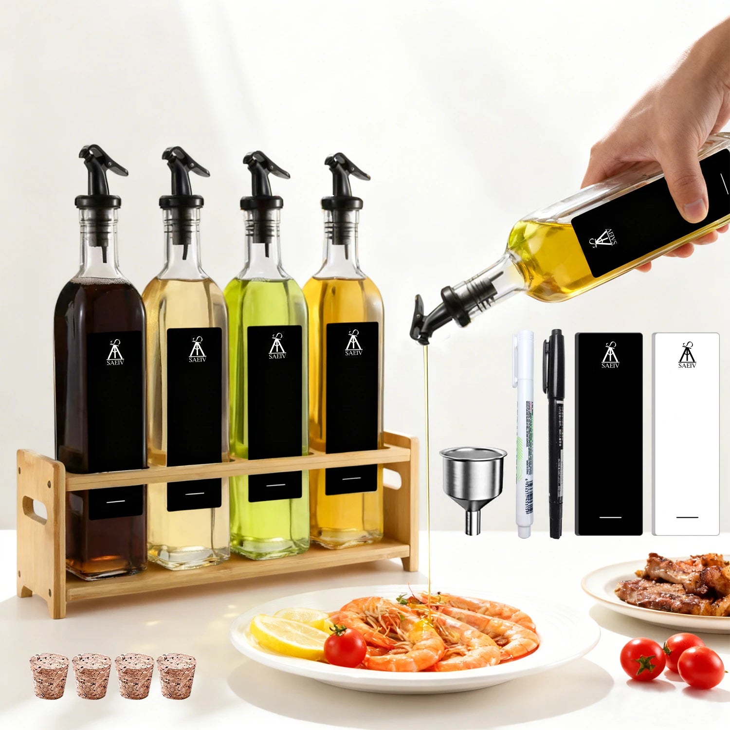 Set de 4 bouteilles à huile en verre avec support en bambou - Nesty (vue 2)