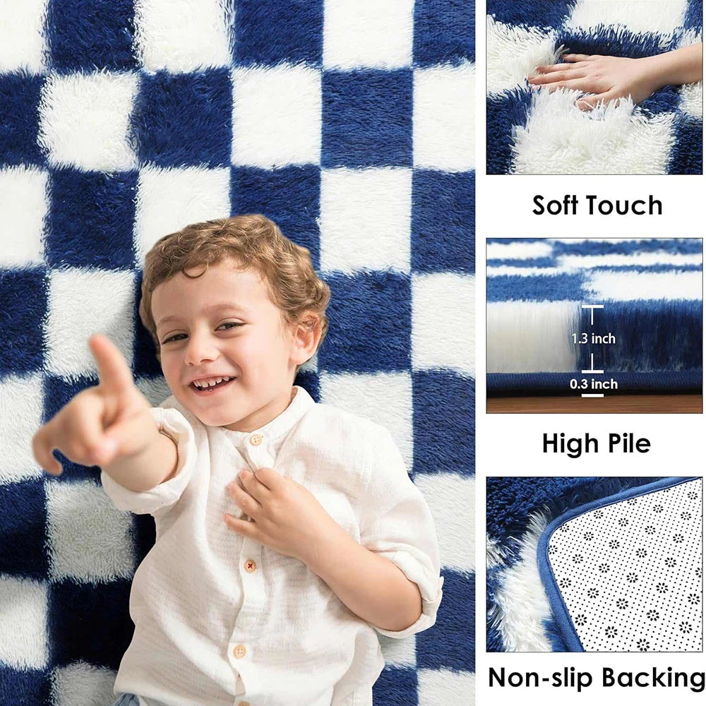 Tapis à damier moelleux pour salon - Nesty, collage détail : douceur au toucher, hauteur des poils 1,3 pouce, envers antidérapant